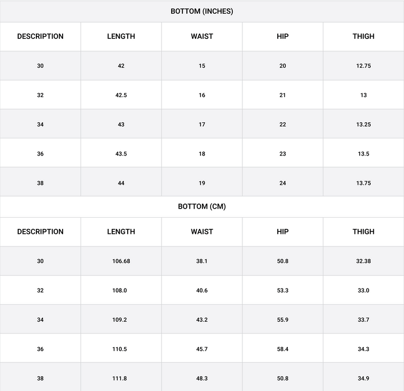 Size chart for Loose Fit Jeans