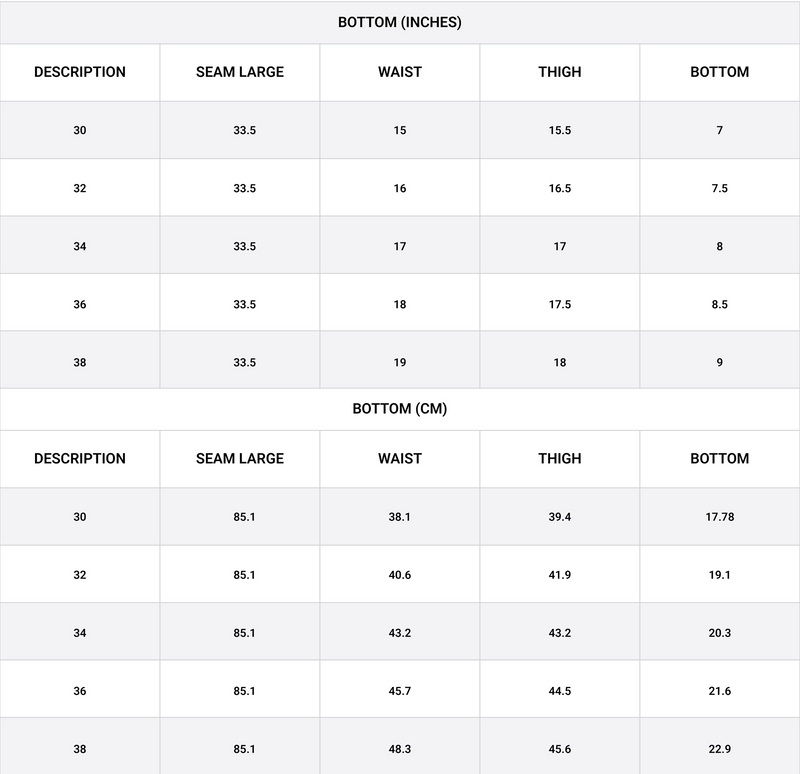 Size chart for Garment-Dyed Casual Trouser