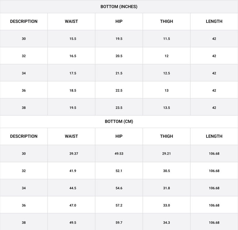 Size chart for Straight Fit cotton Trouser