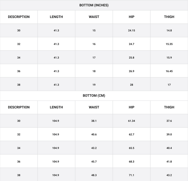 Size chart for Tappered Ankle-Length Trouser