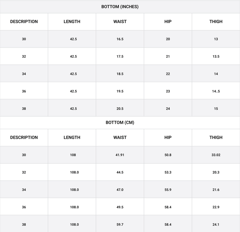 Size chart for Barrel-Leg Pleated Trouser