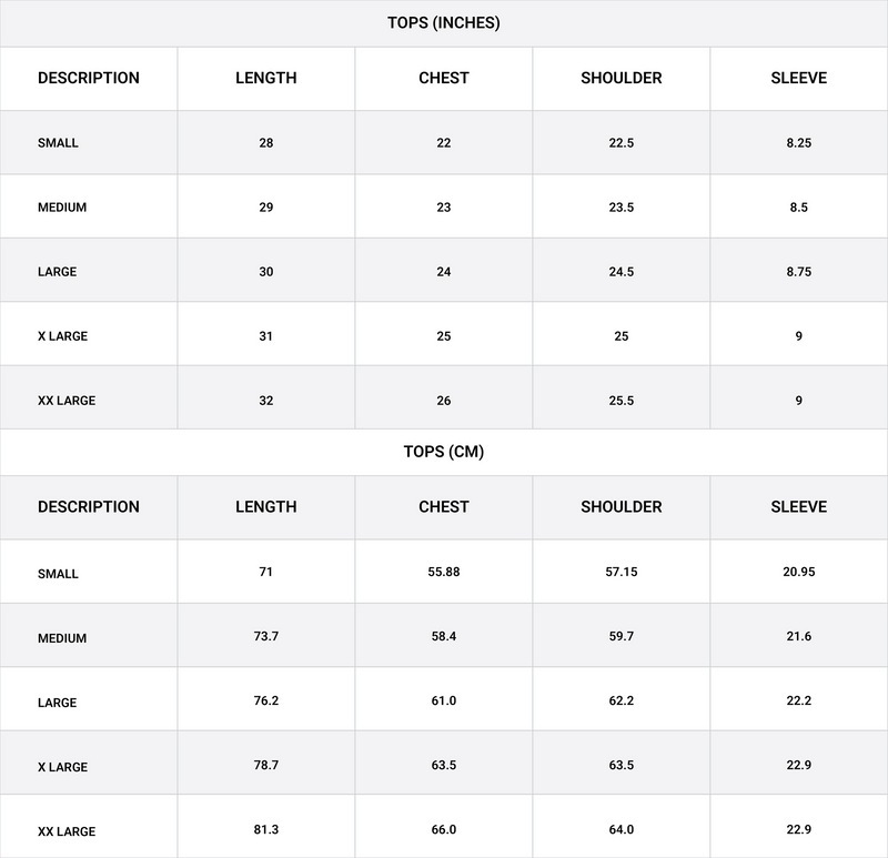 Size chart for Drop Shoulder Cotton T-Shirt