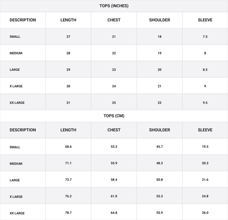 Size chart for Regular Fit Crew Neck T-Shirt