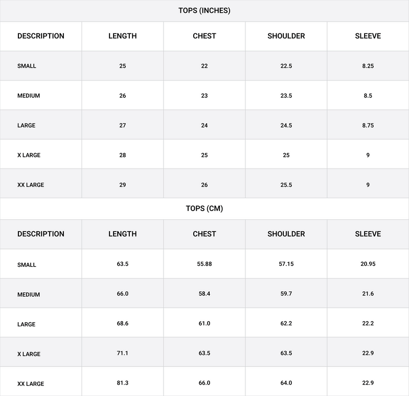Size chart for Heavy Weight Cropped T-Shirt