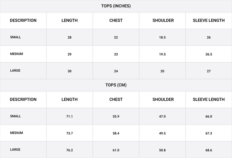 Size chart for Relaxed Cotline Shirt