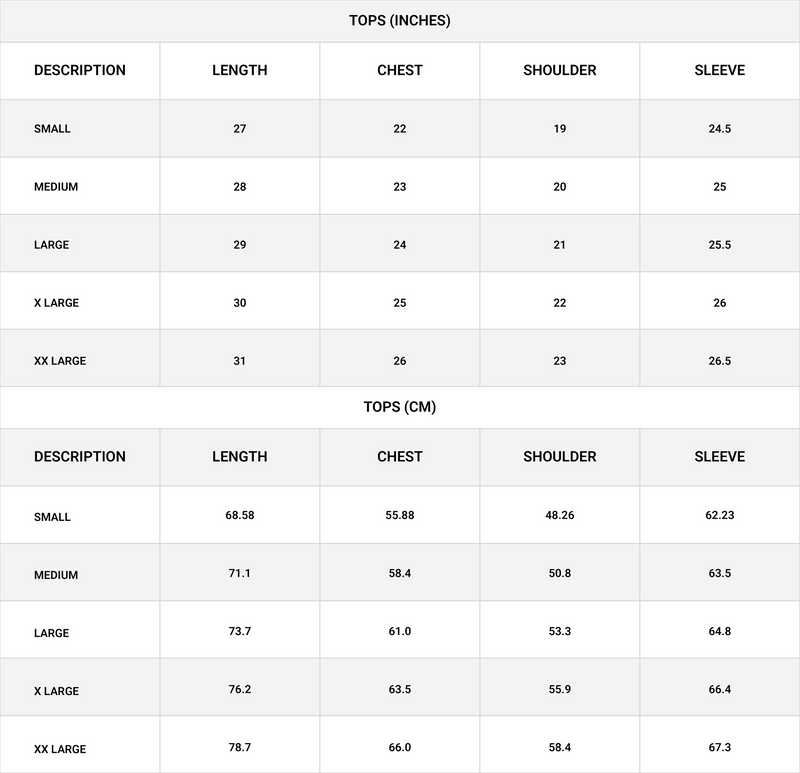Size chart for Pop Over Half-Placket Shirt