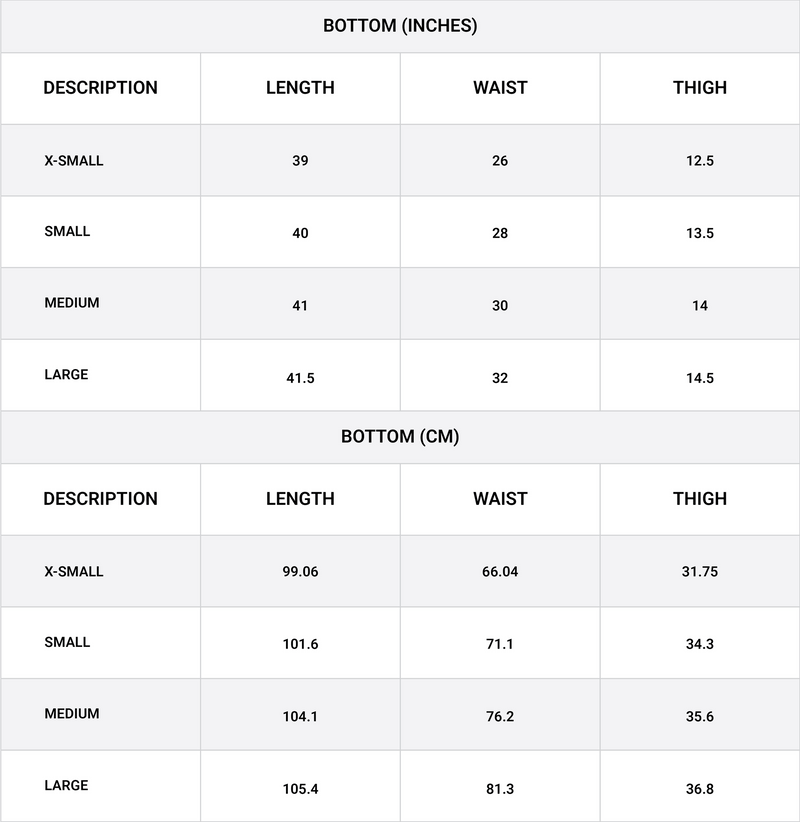 Size chart for Wrap way Bottom