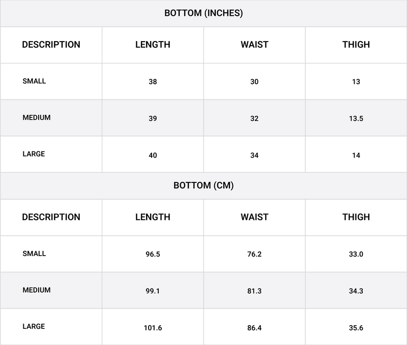 Size chart for Structured Ensemble Bottom