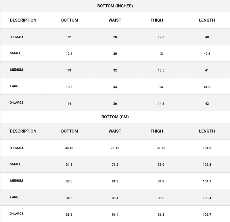 Size chart for Patch Pocket Trouser