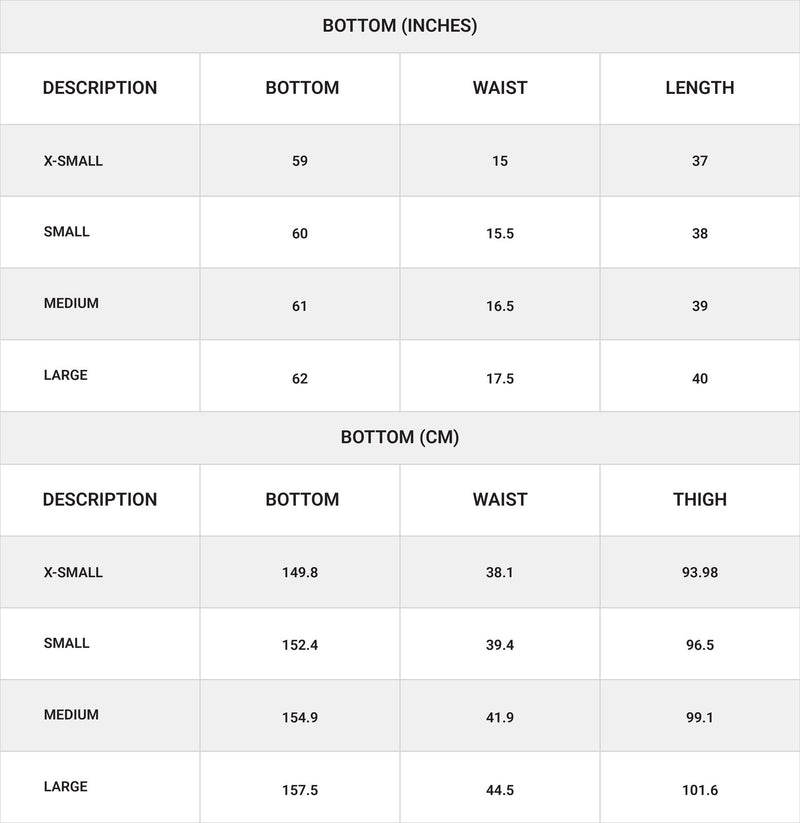 Size chart for Satin Silk Skirt