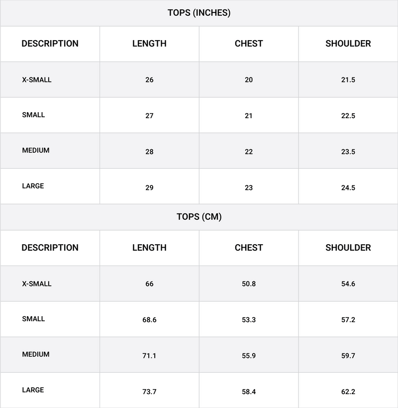 Size chart for Minimal Cap Sleeve Woven Shirt