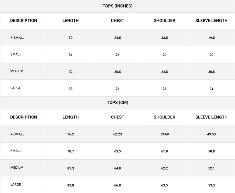 Size chart for Oversized Cotton Shirt