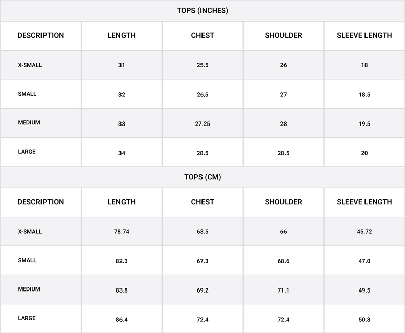 Size chart for Oversized Boyfriend Shirt