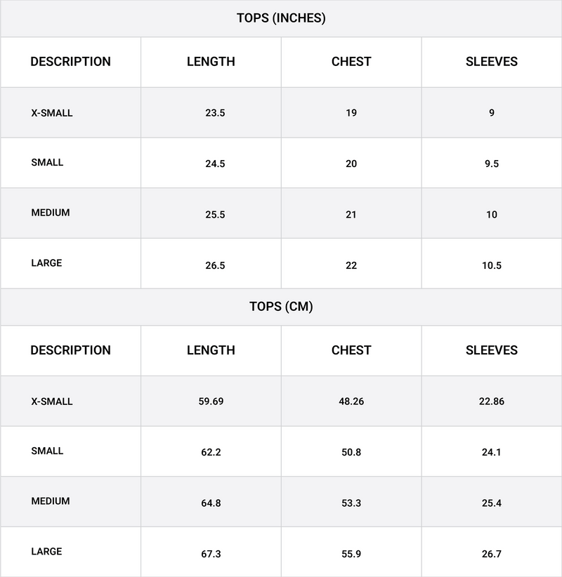 Size chart for Round Neck T-Shirt