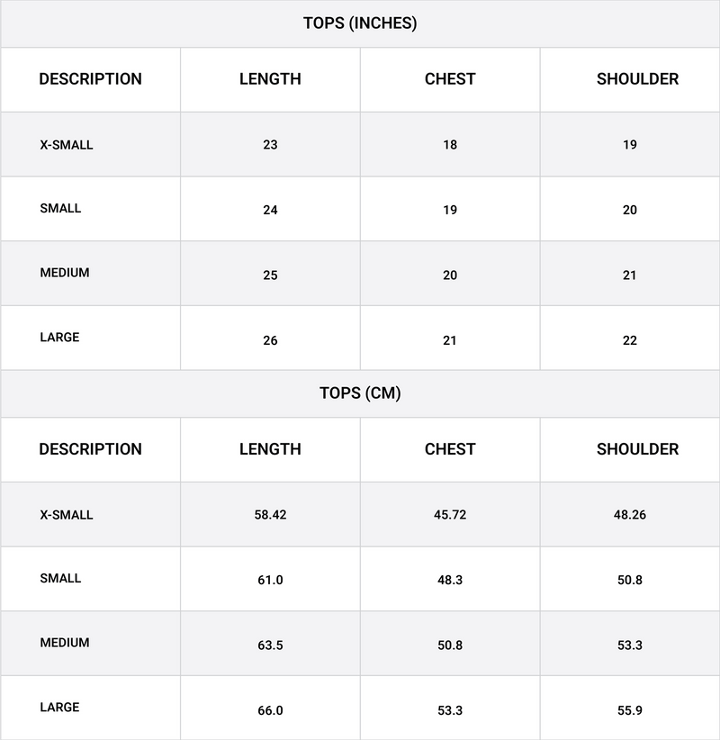 Size chart for Cap Sleeve T-Shirt