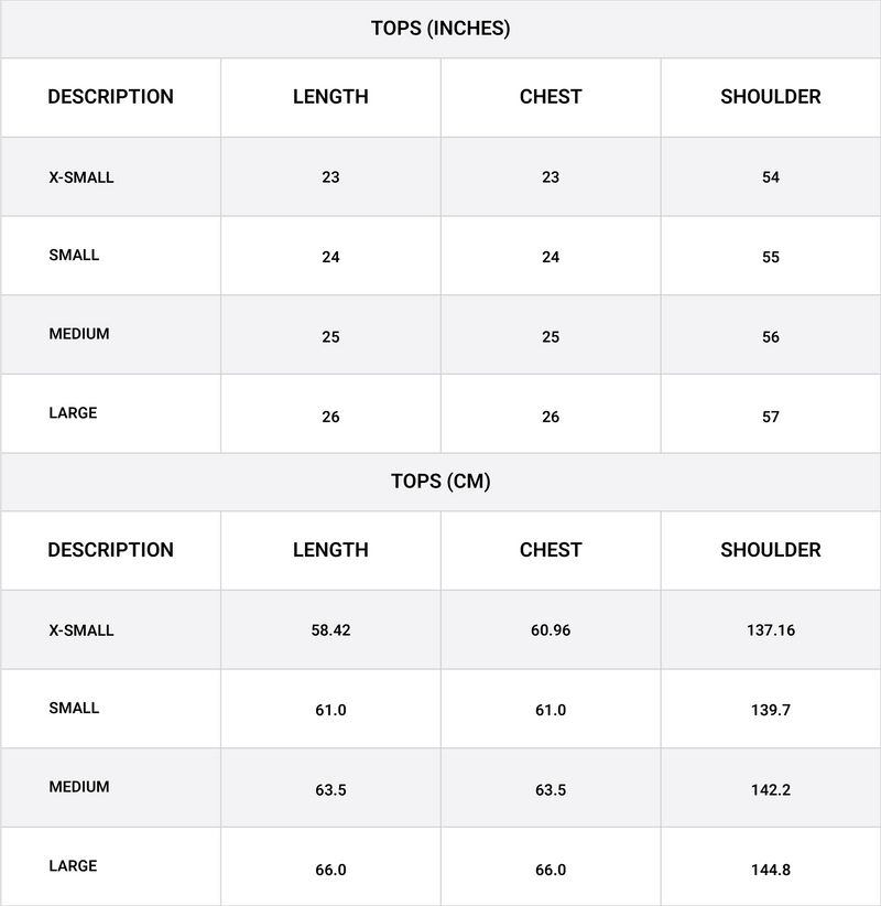 Size chart for Fluid sleeve T-Shirt