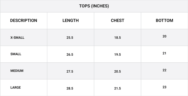 Size chart for Batwing Sleeve Top