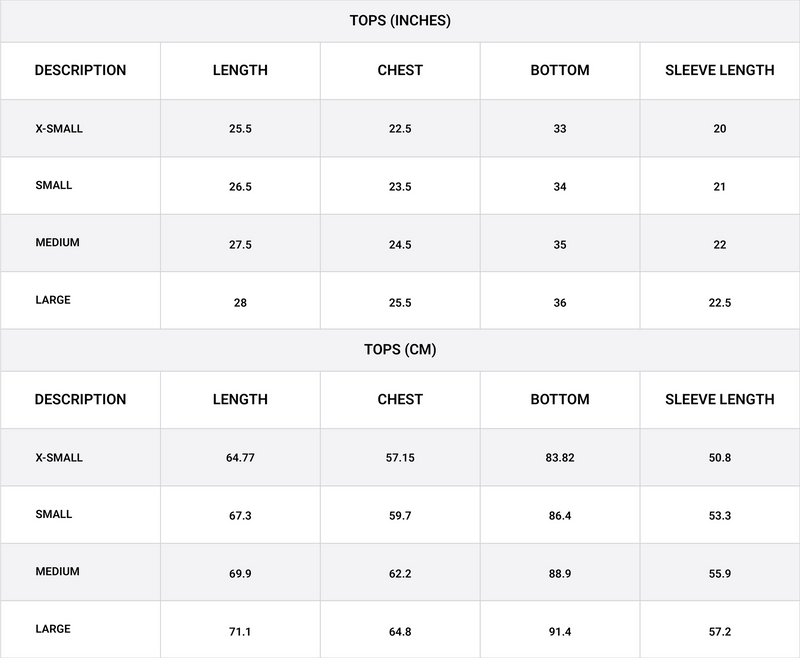 Size chart for Wrap way Top