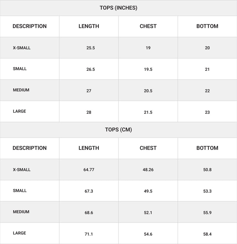 Size chart for Pleated Co-Ord Top