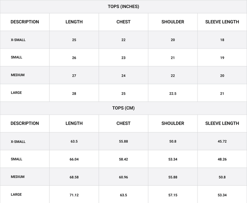 Size chart for Structured Ensemble Top