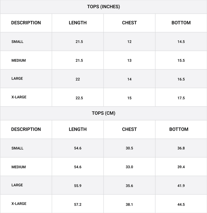 Size chart for Camisole