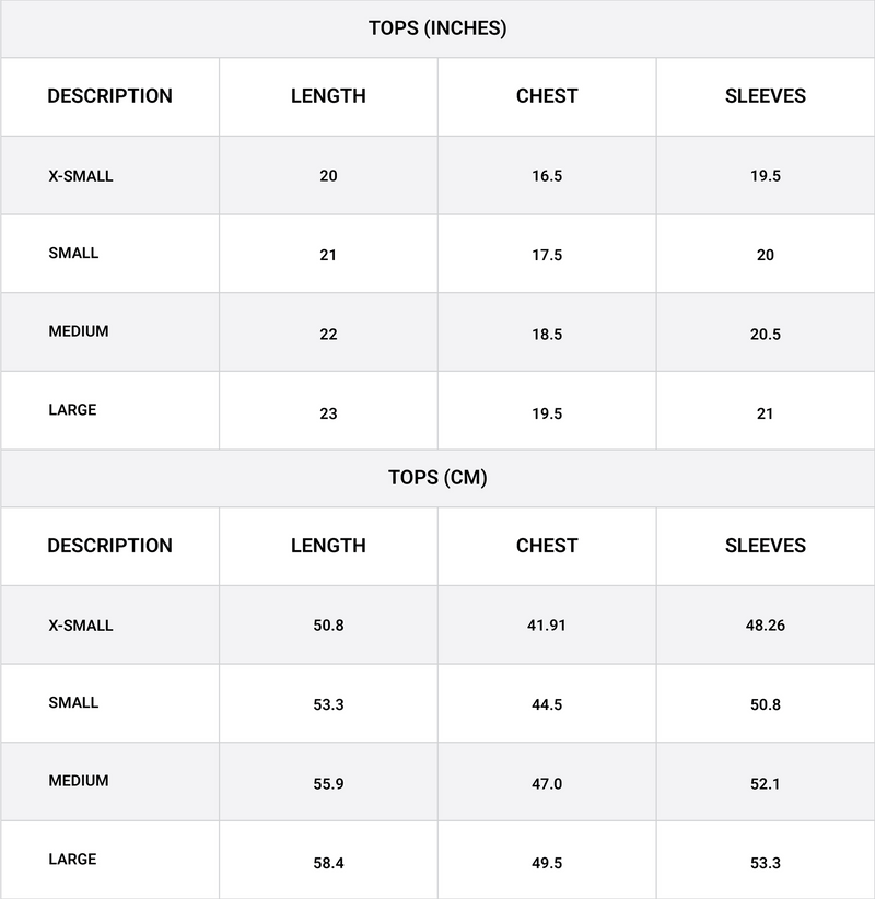 Size chart for Henley T-Shirt