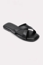 Cross-Over Leather Slides - Black