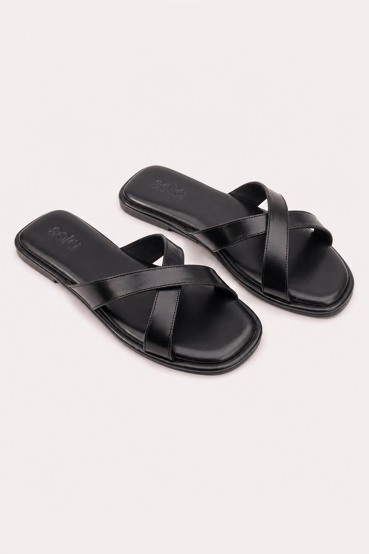 Cross-Over Leather Slides - Black