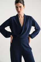 Long Sleeve Wrap Bodice Co-Ord - Navy Blue