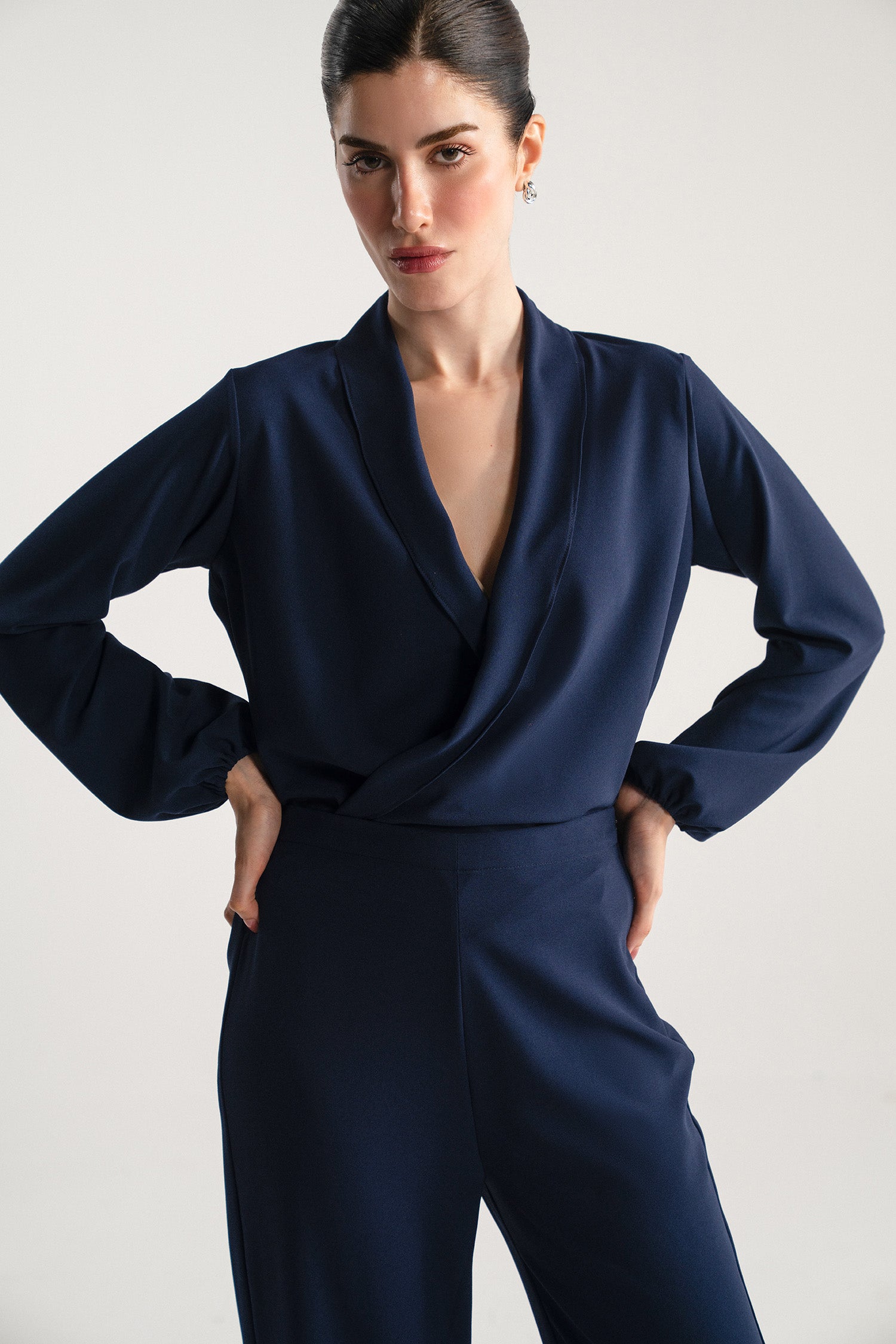 Long Sleeve Wrap Bodice Co-Ord - Navy Blue