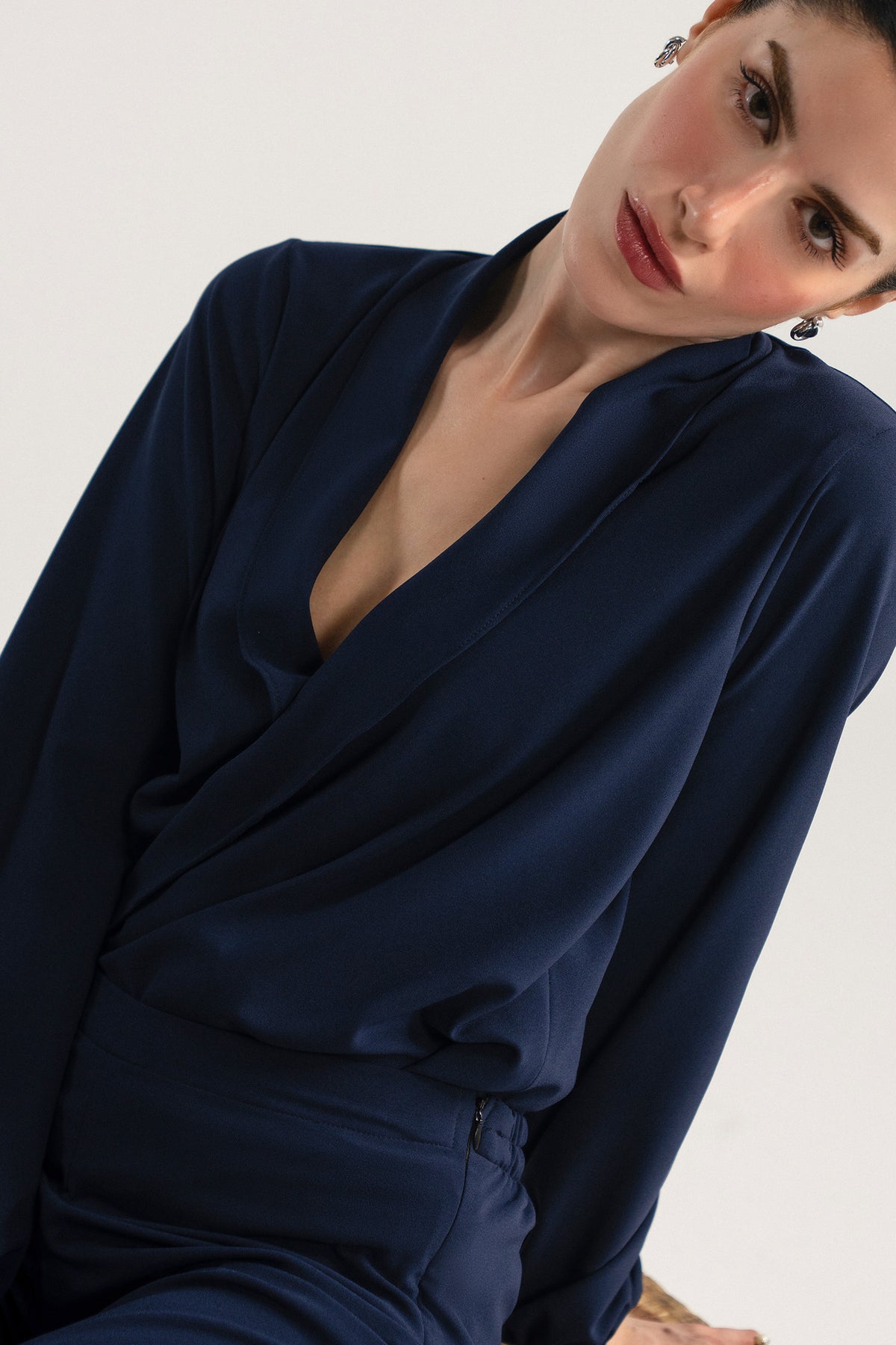 Long Sleeve Wrap Bodice Co-Ord - Navy Blue