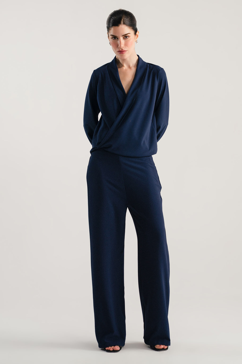 Long Sleeve Wrap Bodice Co-Ord - Navy Blue