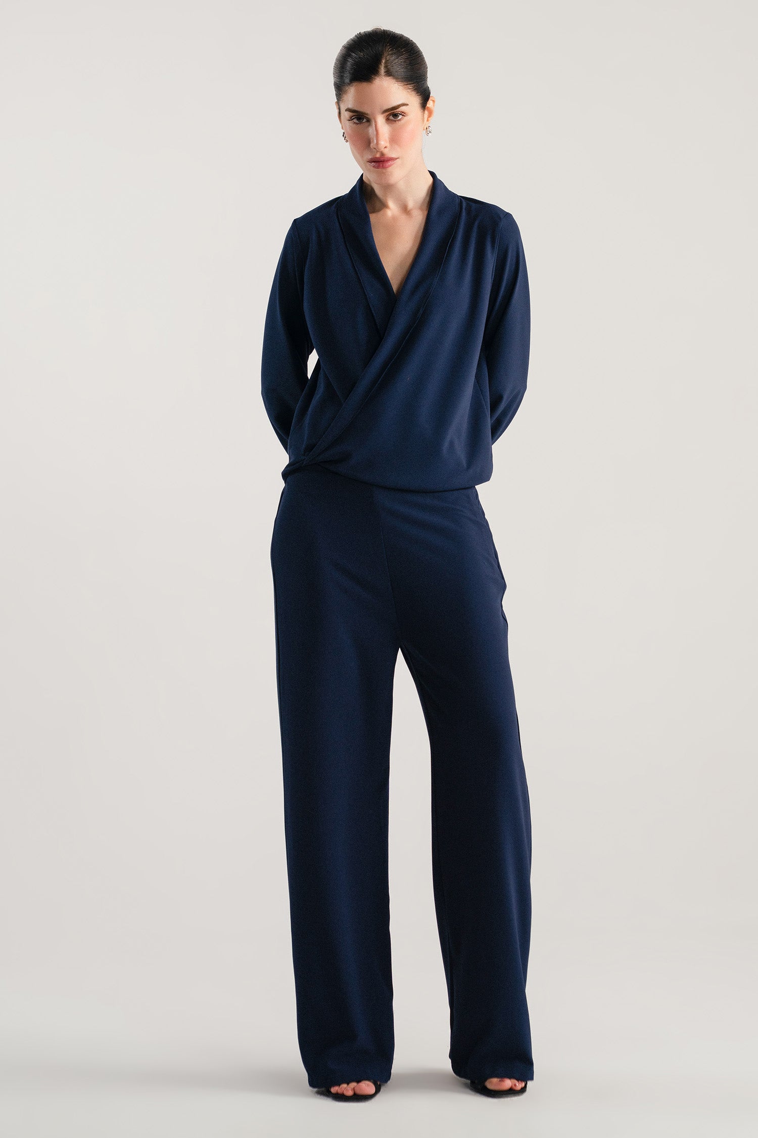 Long Sleeve Wrap Bodice Co-Ord - Navy Blue