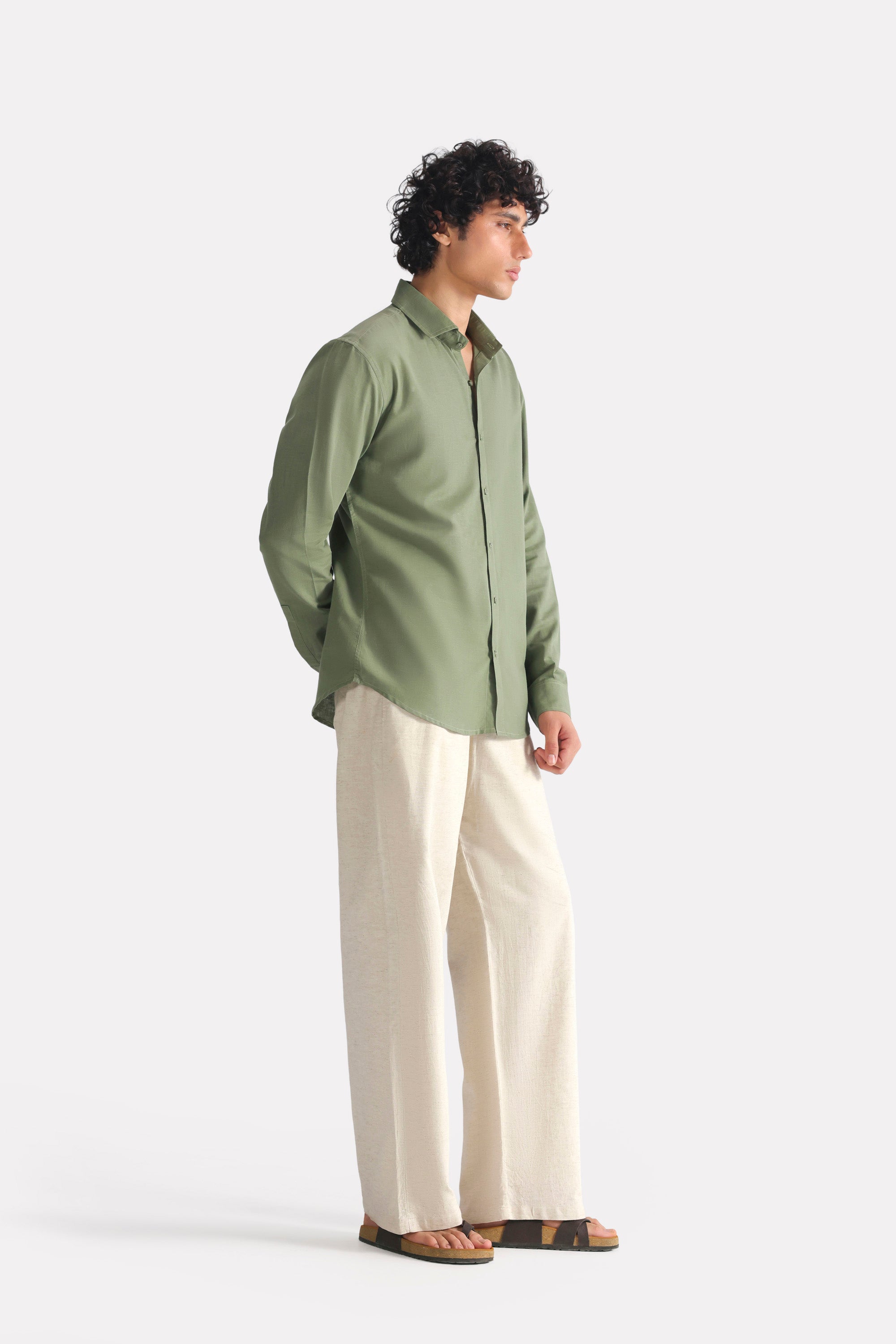 Close-up detail on the beige linen blend drawstring trouser, by SOLA Pakistan.