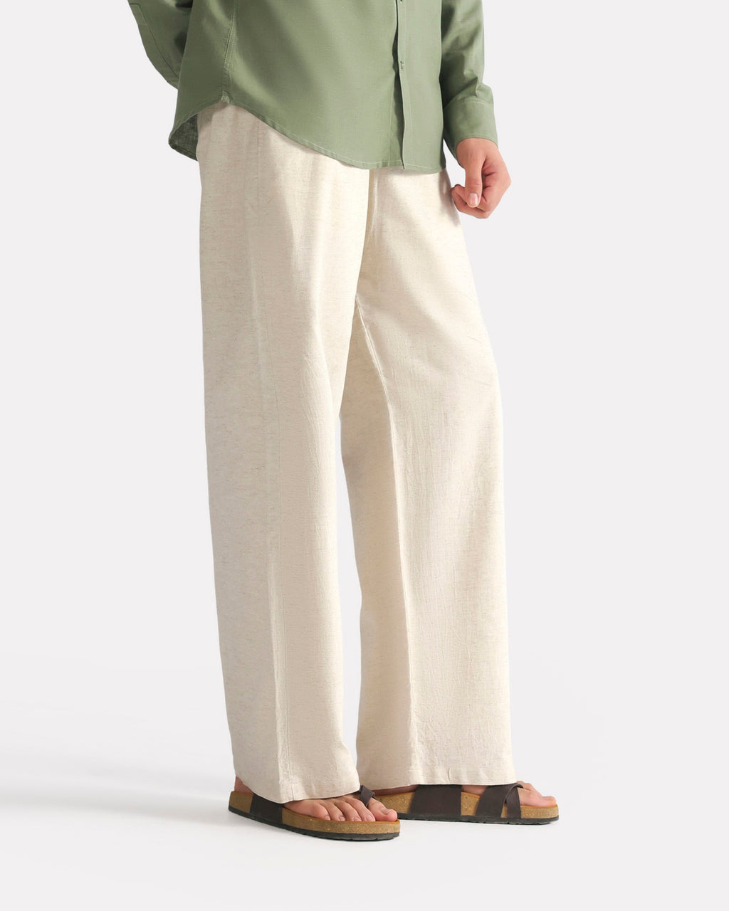 Beige linen blend drawstring trouser, full styled look, by SOLA Pakistan.