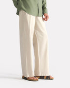 Beige linen blend drawstring trouser, full styled look, by SOLA Pakistan.