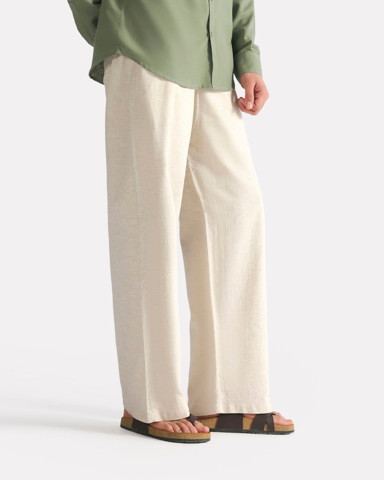Beige linen blend drawstring trouser, full styled look, by SOLA Pakistan.