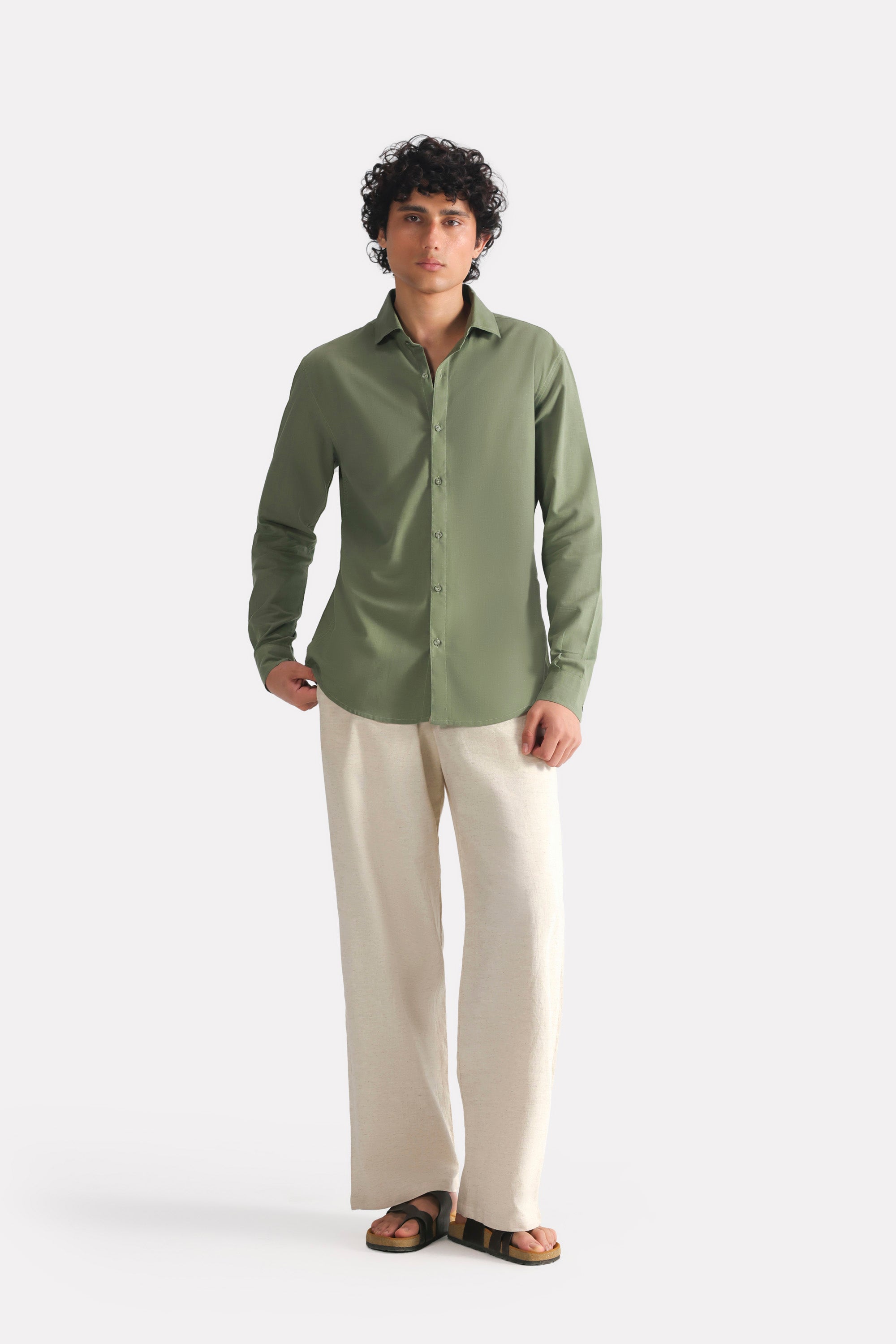 Beige linen blend drawstring trouser, worn by a model, by SOLA Pakistan.