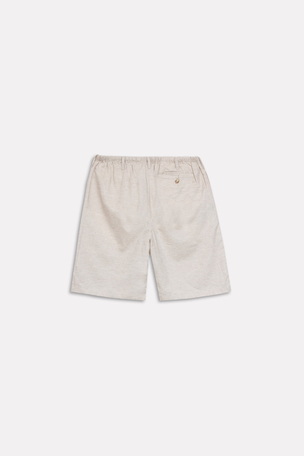Texture and fabric detail, beige linen drawstring shorts, by SOLA Pakistan.