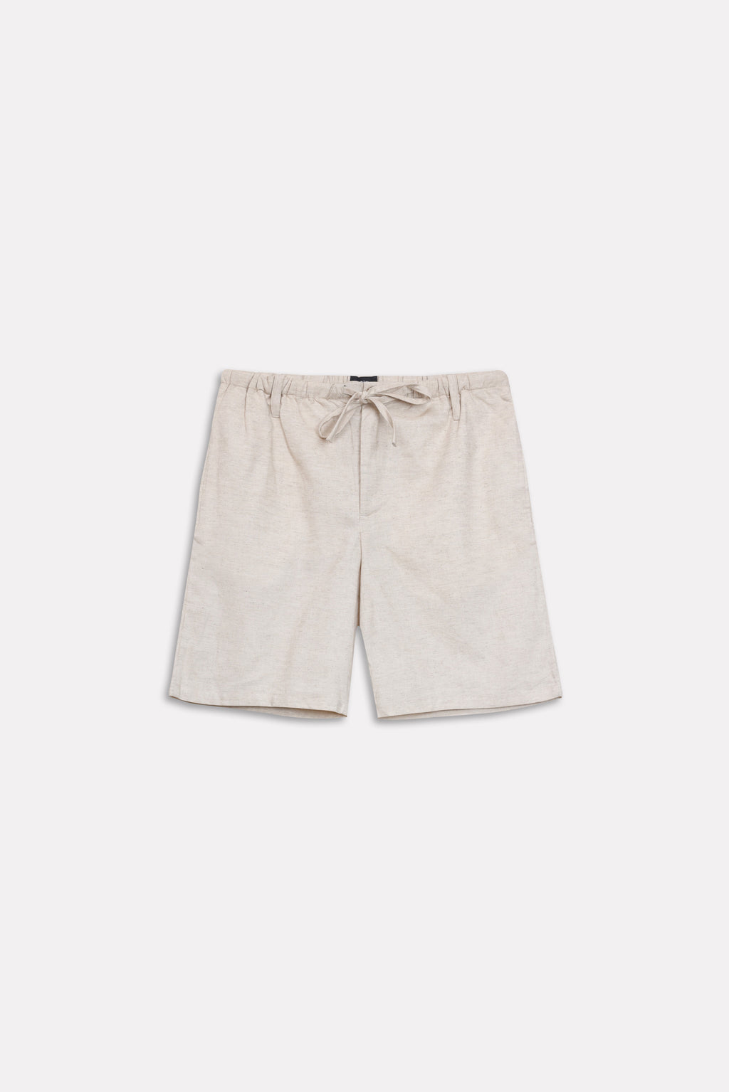 Texture and fabric detail, beige linen drawstring shorts, by SOLA Pakistan.