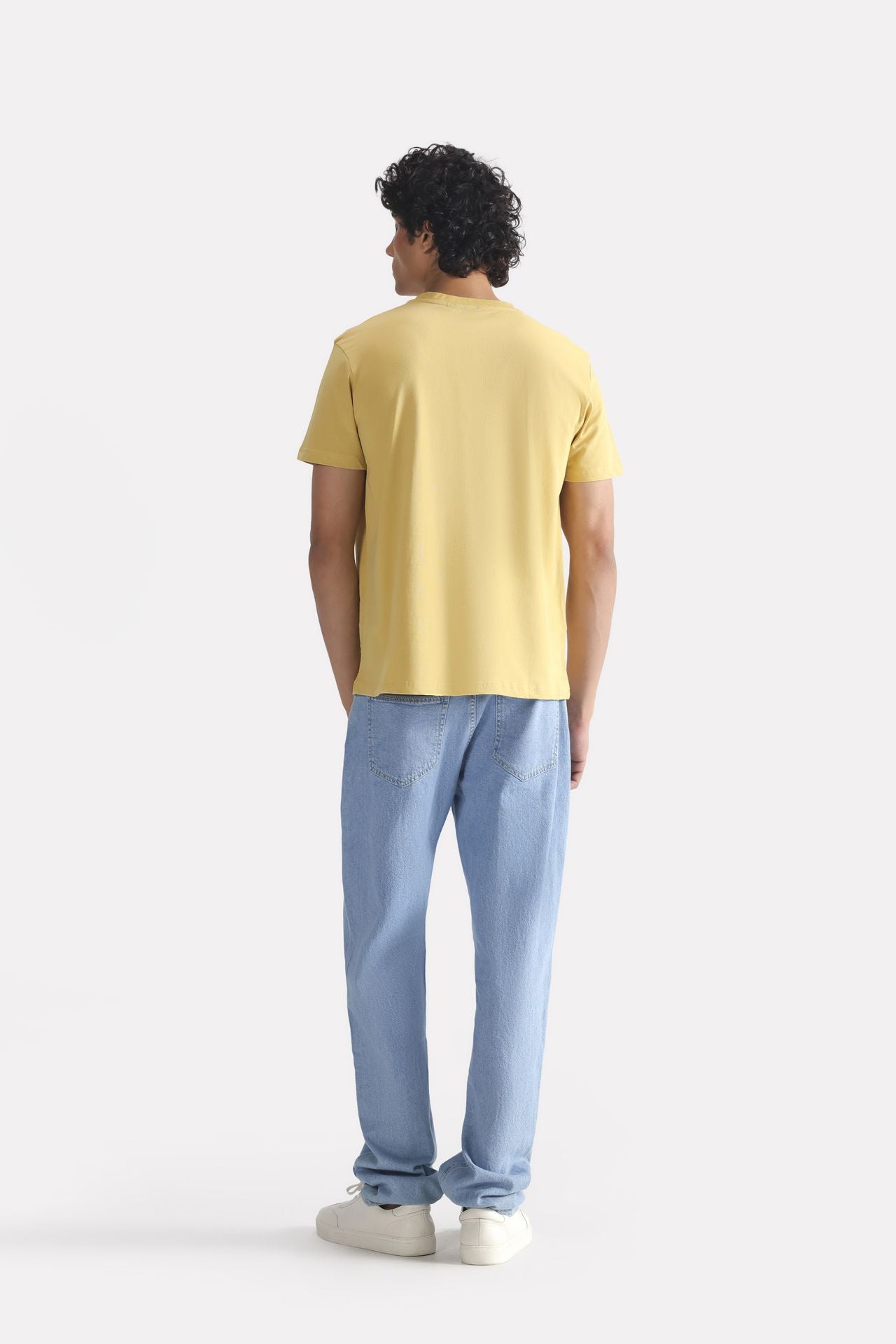 Beige regular fit crew neck t-shirt, alternate angle, by SOLA Pakistan.