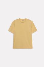 Texture and fabric detail, beige regular fit crew neck t-shirt, by SOLA Pakistan.