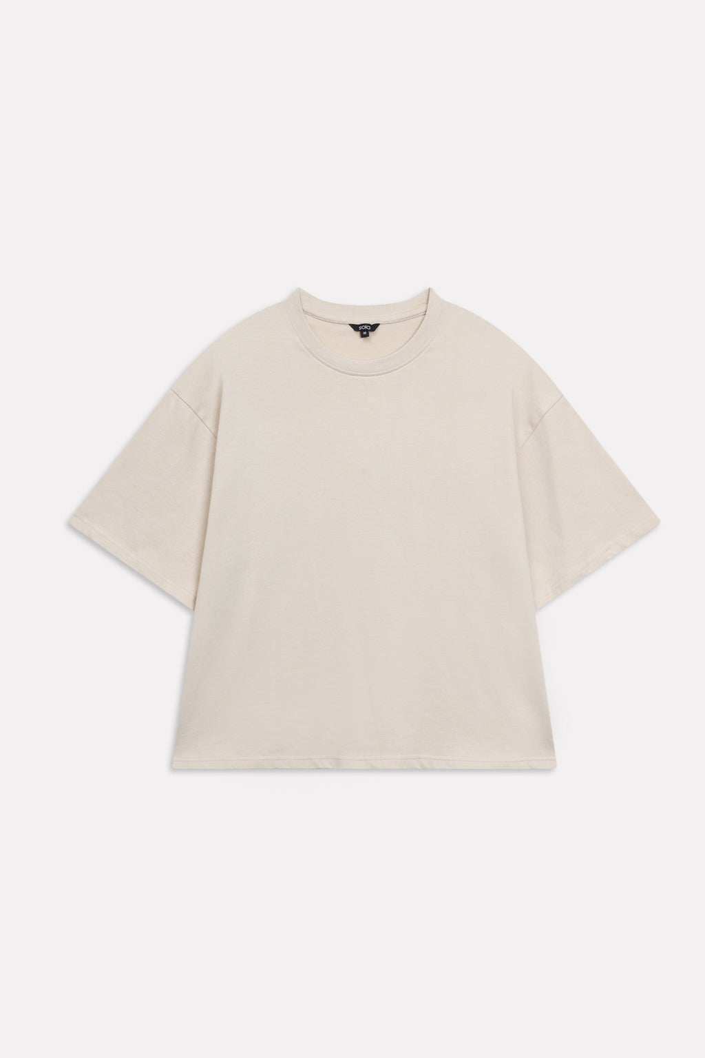 Beige (sand) drop shoulder cotton t-shirt, alternate angle, by SOLA Pakistan.