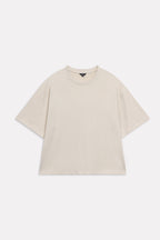 Beige (sand) drop shoulder cotton t-shirt, alternate angle, by SOLA Pakistan.
