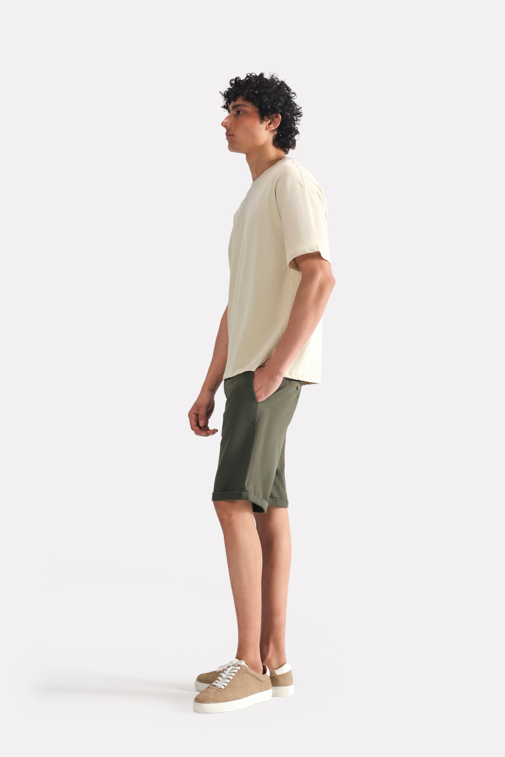 Beige (sand) drop shoulder cotton t-shirt, full styled look, by SOLA Pakistan.