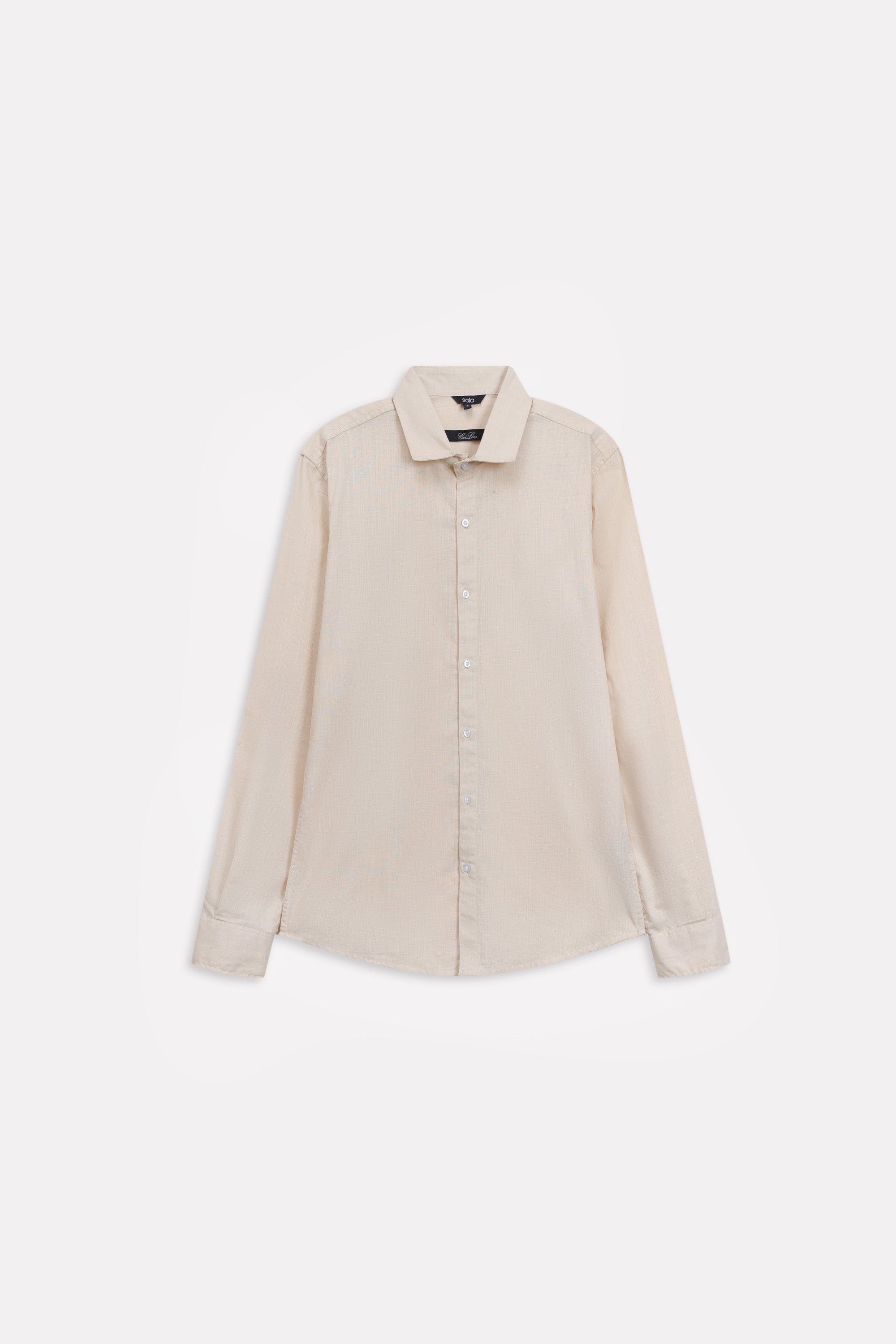 Beige (sand) relaxed cotline shirt, alternate angle, by SOLA Pakistan.