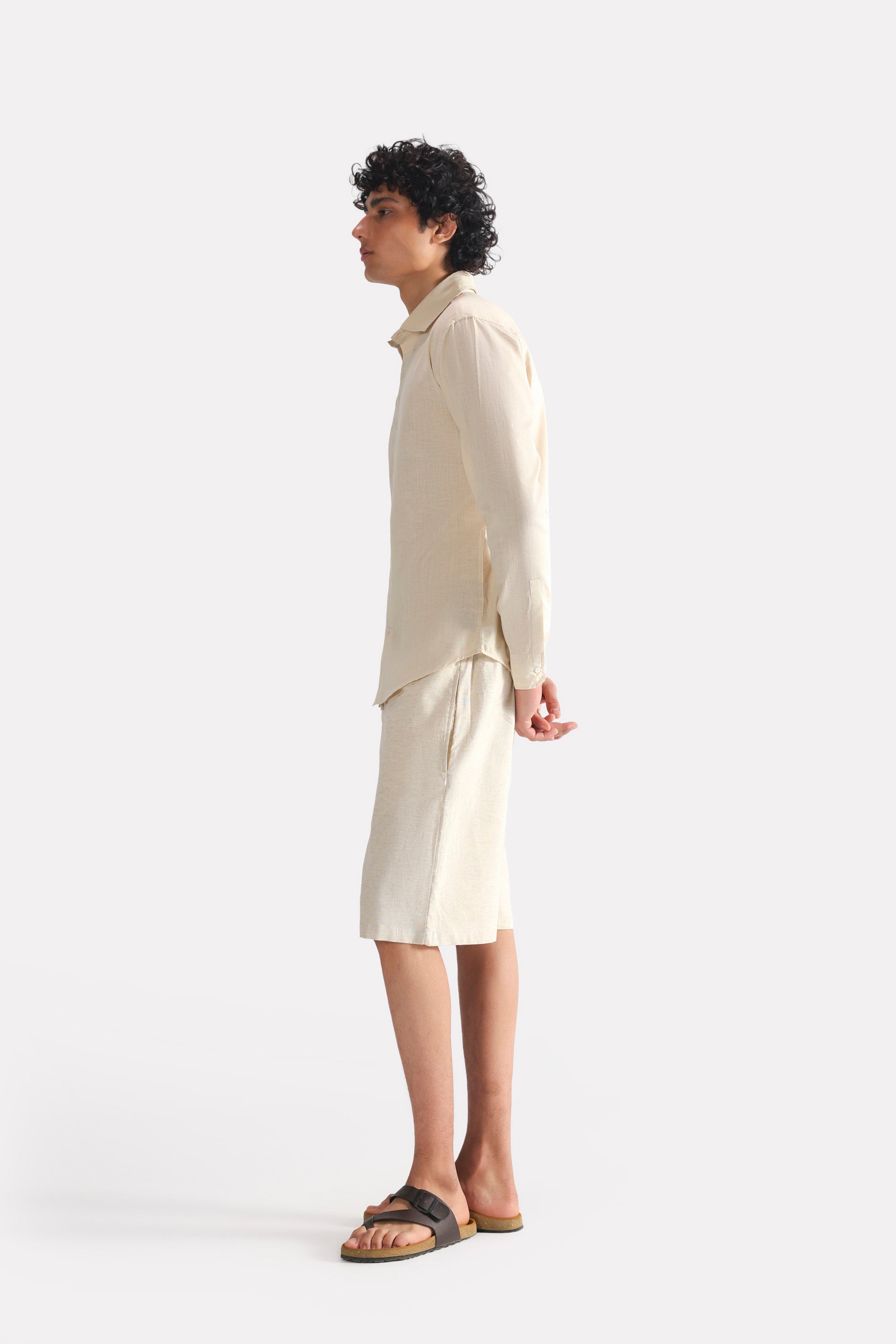 Beige (sand) relaxed cotline shirt, full styled look, by SOLA Pakistan.