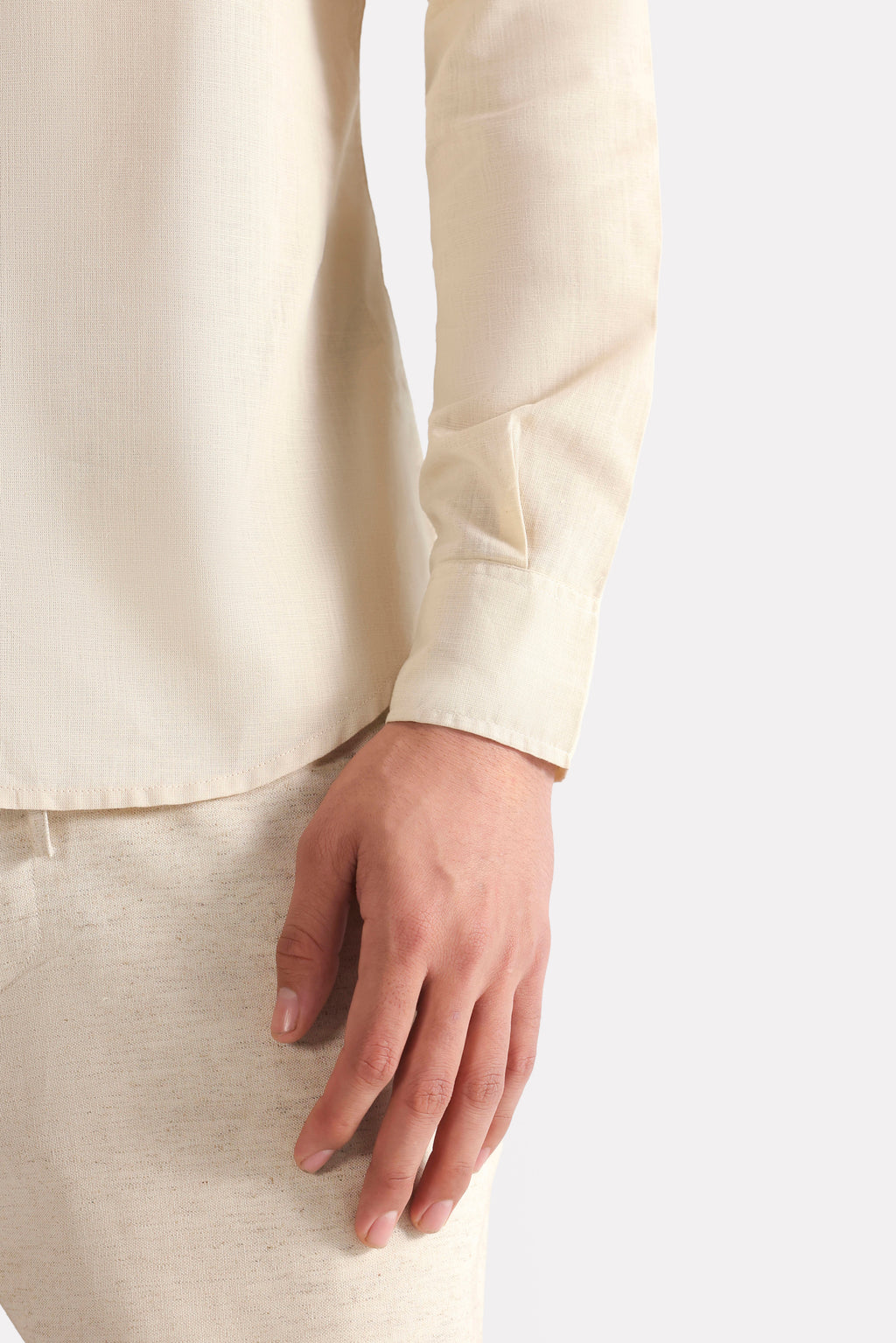 Beige (sand) relaxed cotline shirt shown in a styled fit, by SOLA Pakistan.