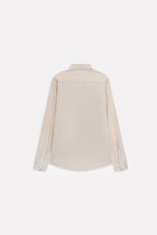 Texture and fabric detail, beige (sand) relaxed cotline shirt, by SOLA Pakistan.