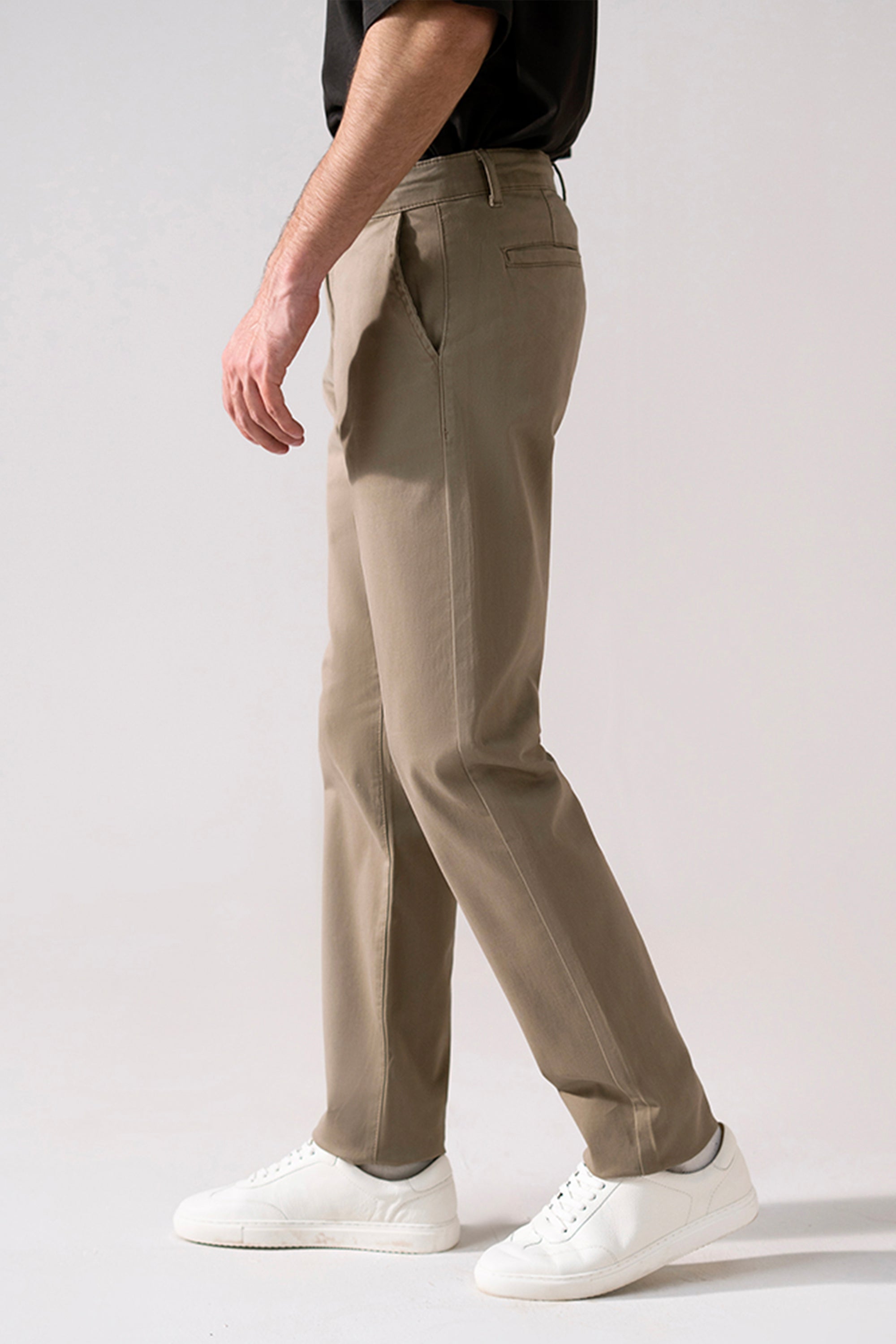 Beige satin straight-fit chino shown in a styled fit, by SOLA Pakistan.